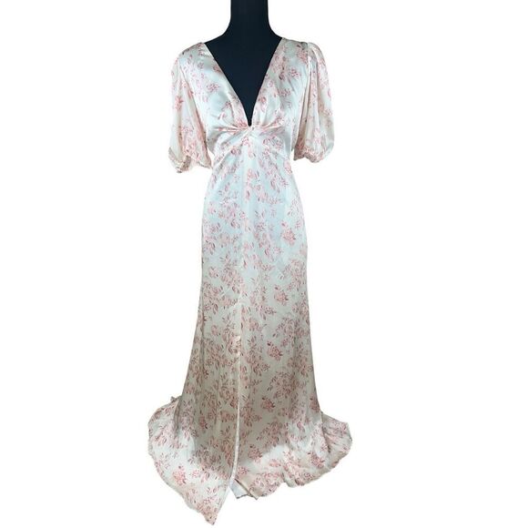 Sachin & Babi 12 Alli Gown Maxi Shift Dress floral Cream V Neck Puff Sleeve - Picture 2 of 9